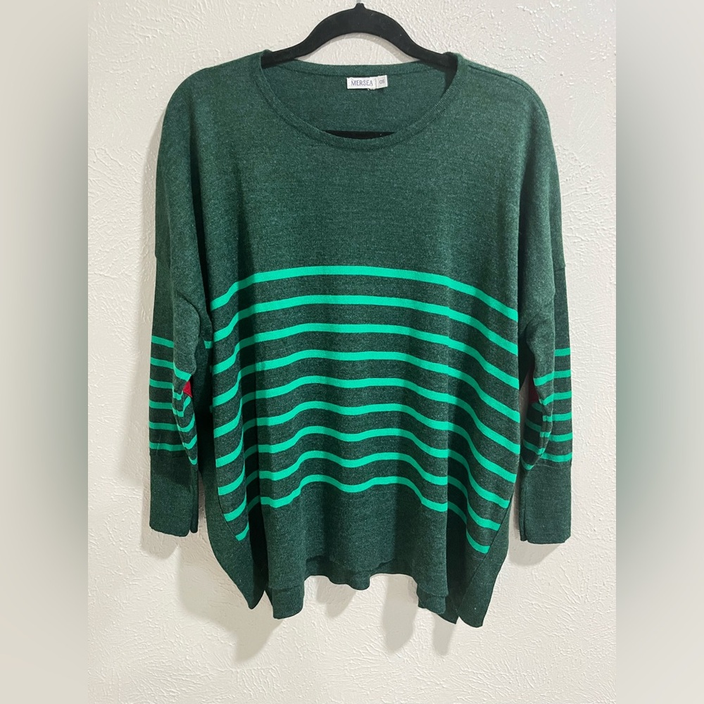 MERSEA THE AMOUR SWEATER WITH HEART PATCH- ALPINE/CLOVER STRIPE One Size
